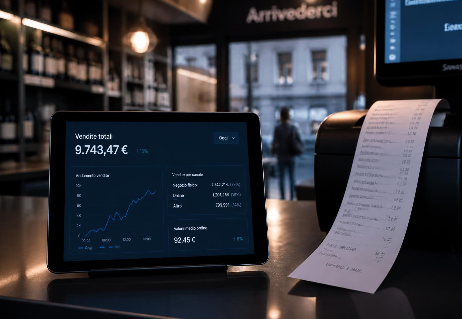 Tablet con il riepilogo dei corrispettivi accanto allo scontrino di chiusura di cassa